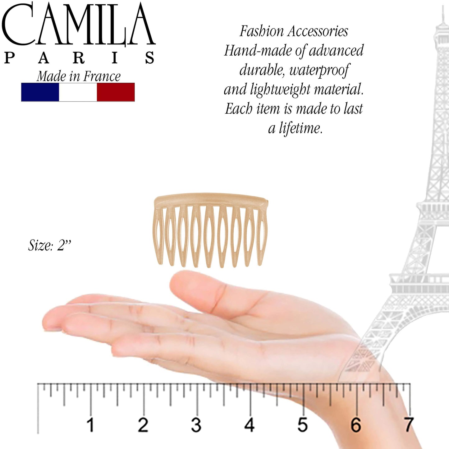 Camila Paris CP3109 French Hair Side Comb, Small, Curved Beige French Twist Hair Combs Decorative, Strong Hold Hair Clips for Women Bun Chignon Up-Do Styling Girls Hair Accessories, Made in France