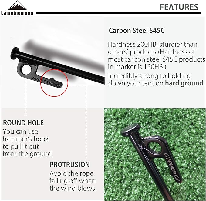 CAMPINGMOON 8pcs Carbon Steel S45C Black Coating Tent Stake for Hard Ground (【 7.87-inch 8pcs set】)