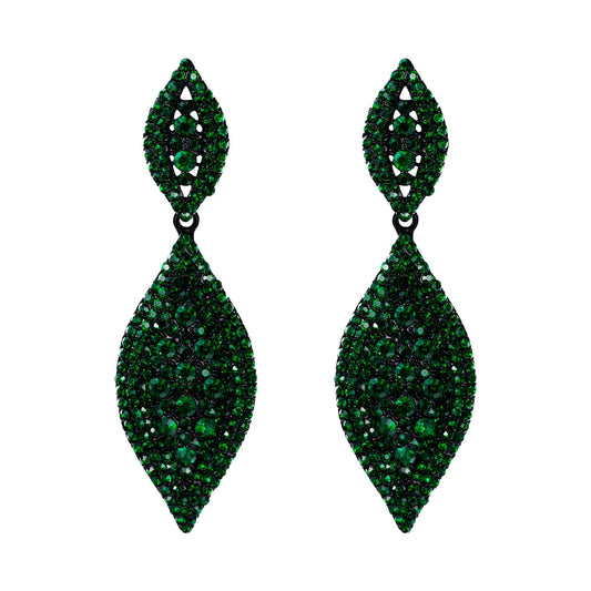 Flyonce Women's Rhinestone Crystal Wedding Bridal 2 Leaf Drop Dangle Chandelier Earrings Large Big Costume Statement Earring Green Black-Tone 3.3"