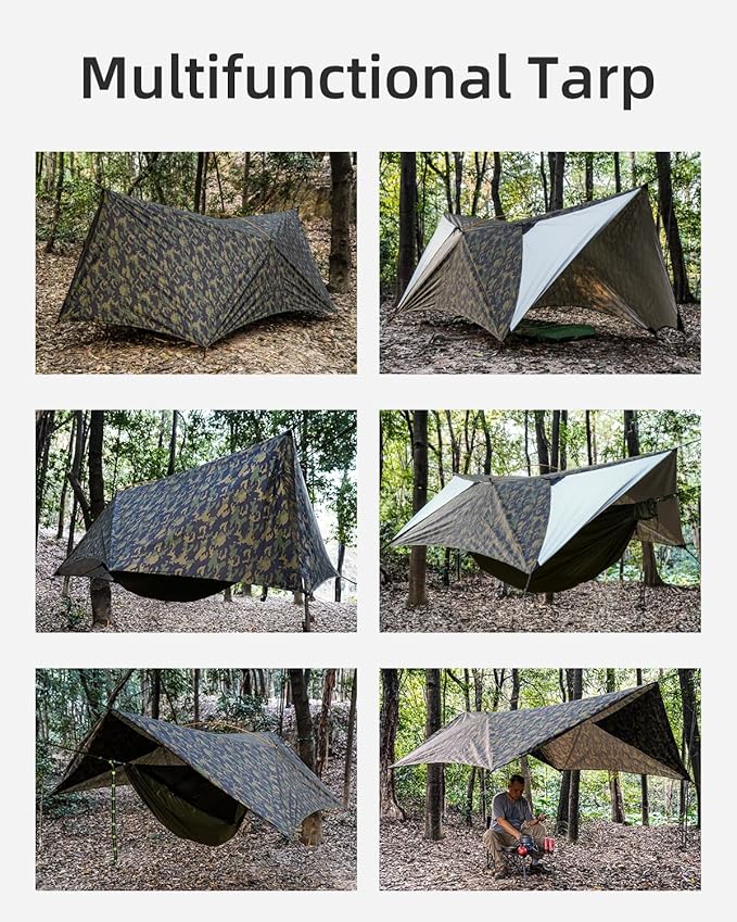 Camping Tent Tarp Waterproof, Ultralight Hammock Rain Fly, Portable Rain Tarp Canopy with Doors, Multifunctional Bushcraft Tarp for Outdoor Backpacking Hiking, UV Protection