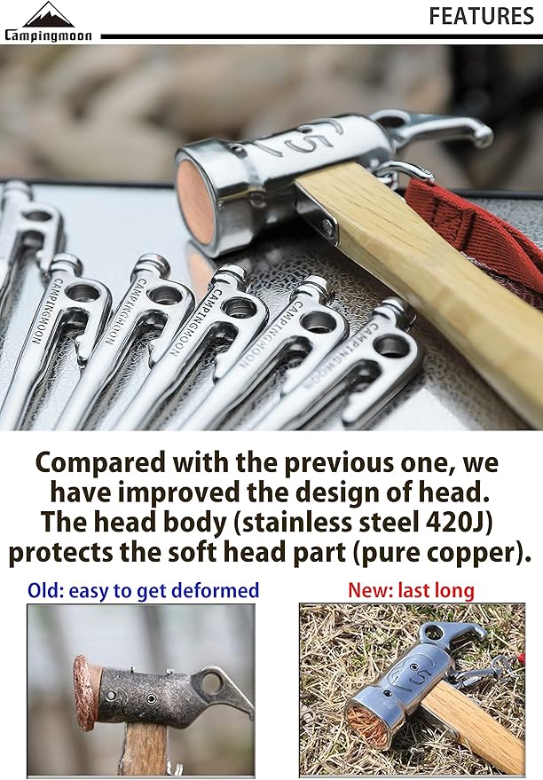 CAMPINGMOON Camping Hammer Peg Tent Stake Hammer Stainless Steel Built-in Pure Copper Head Wood Hand with Tent & Tarp Stake Remover C5