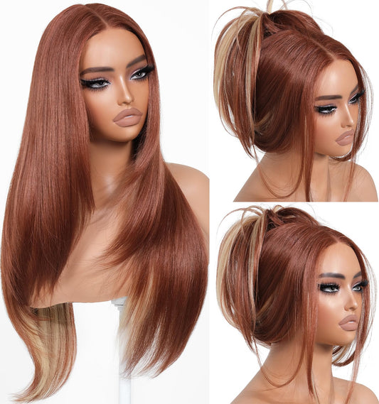 BrownBomb Cooper Blond Wear and Go Glueless Wigs Pre Plucked Pre Cut for Beginners Synthetic Lace Front Wigs For Woman With Bangs Long layered Straight 26 Inch Ginger Highlights 3 Seconds to Wear