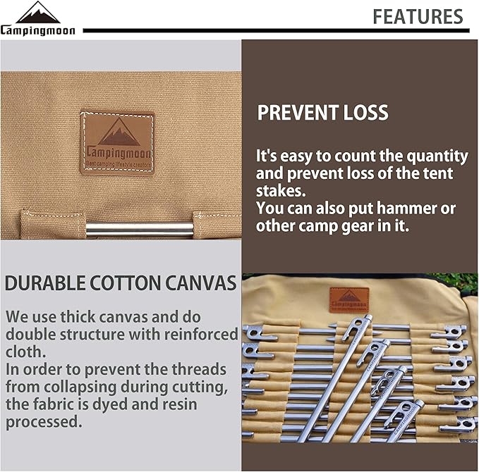 CAMPINGMOON Cotton Canvas Tent Stakes Case Storage Bag Max 13.78’’/35cm in Length Beige Color B135