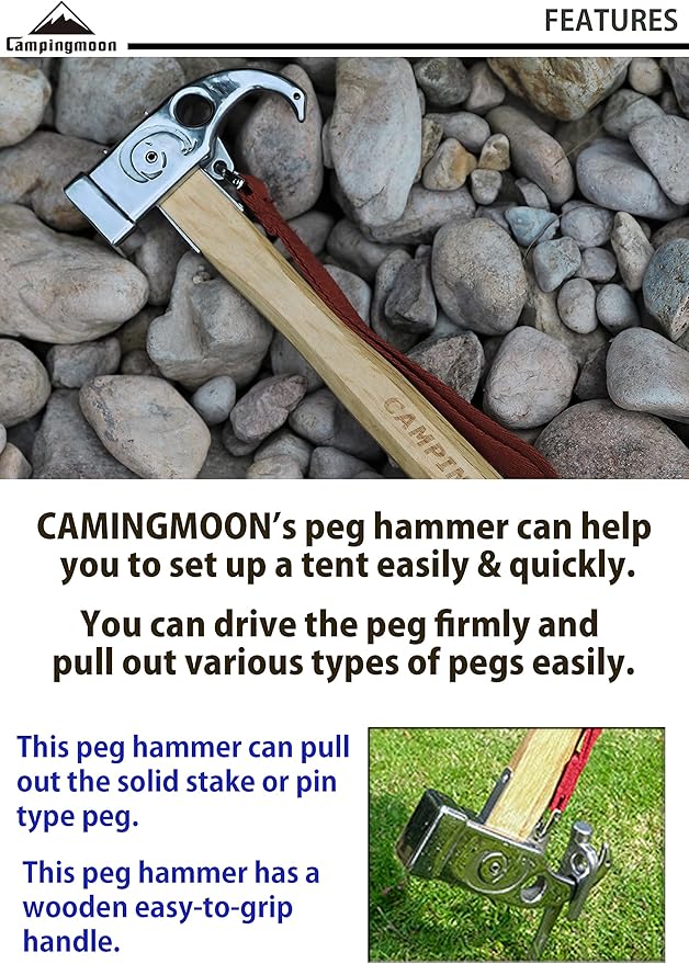 CAMPINGMOON Camping Hammer Peg Tent Stake Hammer Stainless Steel Head Wood Hand with Tent Tarp Stake Remover C6