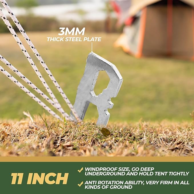 Camping Tent Stakes - Heavy Duty Tent Pegs Outdoor, Metal Tarp Spikes and Inflatable Tent Pole Pins 6 Pack