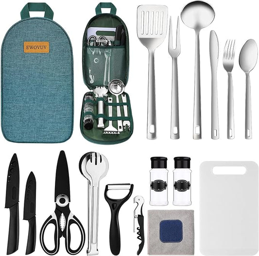 Camping Cooking Utensils Set- Camping Essentials Cookware Accessories Gear Must Haves Camper Tent Camp Kitchen Rv Gadgets Outdoor Stove Portable Picnic Gifts for Women BBQ Stuff