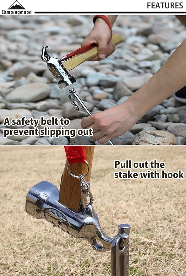 CAMPINGMOON Camping Hammer Peg Tent Stake Hammer Stainless Steel Built-in Pure Copper Head Wood Hand with Tent & Tarp Stake Remover C5