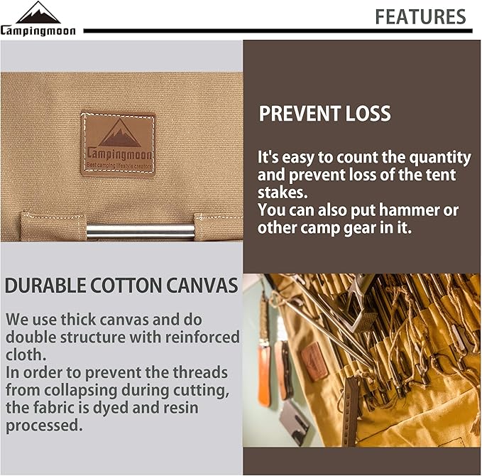 CAMPINGMOON Cotton Canvas Tent Stake Case Storage Bag Max 11.81’’/30cm in Length Beige Color B126