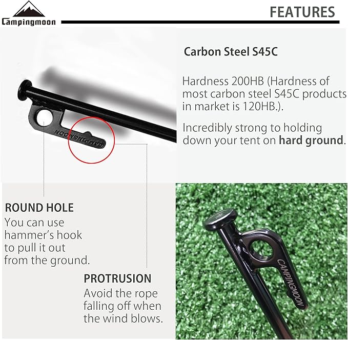 CAMPINGMOON 15.7-inch 6pcs Carbon Steel S45C Black Skin Cation Electrodeposition Coating Tent Stake for Hard Ground T-40-6P