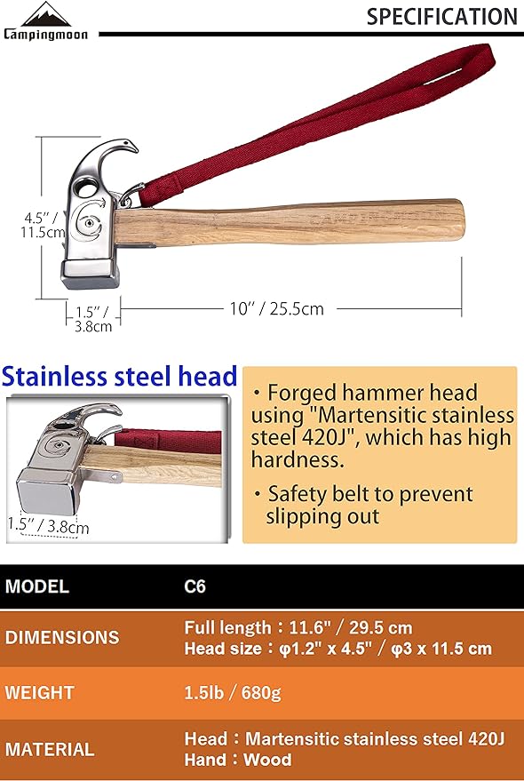 CAMPINGMOON Camping Hammer Peg Tent Stake Hammer Stainless Steel Head Wood Hand with Tent Tarp Stake Remover C6