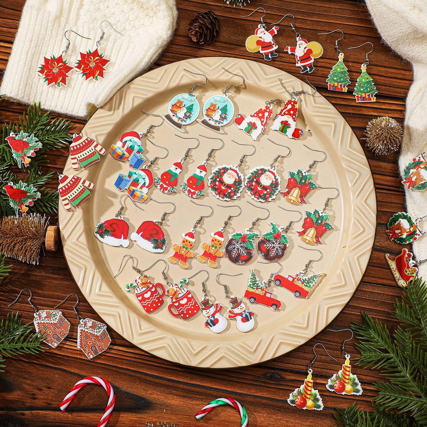 Misdary 24 Pairs Christmas Drop Earrings Bulk Thanksgiving Xmas Holiday Acrylic Dangle Earrings Christmas Tree Bow Deer Snowflake Garland Red Truck Earrings Jewelry Set for Women Adults Gifts