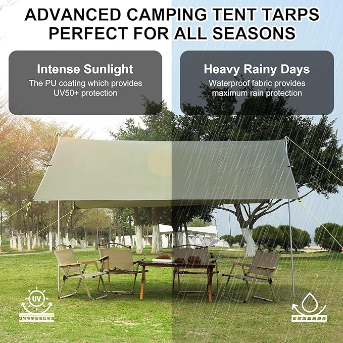 Camping Tarp, 13X9FT Hammock Tent - Waterproof and Anti-UV Protection, Portable and Lightweight, Including Tent Stakes and Carry Bag
