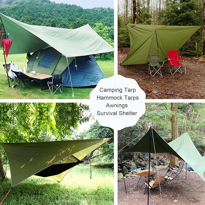 Camping Tarp with Poles - AYAMAYA Large Size 10x15 FT Tent Tarps - Waterproof Hammock Awnings Canopy Rain Fly Picnic Mat Survival Shelter for Backpacking Hiking Beach Sun Shade with Stakes & Guylines