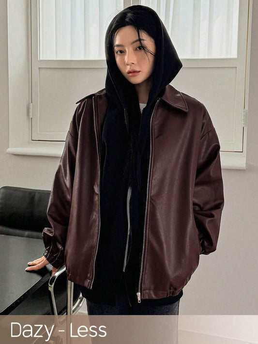 Dazy-Less Women's Drop Shoulder PU Leather Jacket