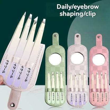 4pcs Stainless Steel Tweezers for Hair Removal Precision Eyebrow And Facial Hair Tweezers Kit with Mirror tweezers set