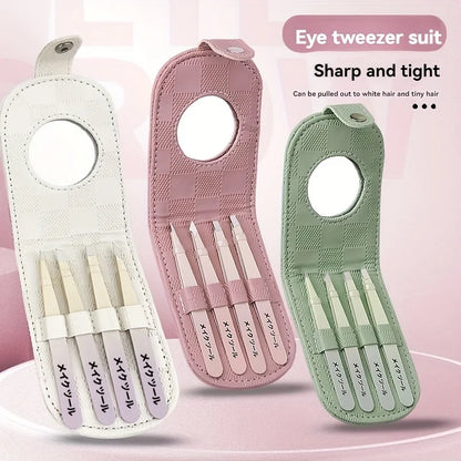 4pcs Stainless Steel Tweezers for Hair Removal Precision Eyebrow And Facial Hair Tweezers Kit with Mirror tweezers set