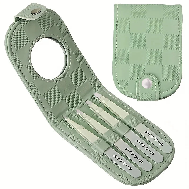 4pcs Stainless Steel Tweezers for Hair Removal Precision Eyebrow And Facial Hair Tweezers Kit with Mirror tweezers set