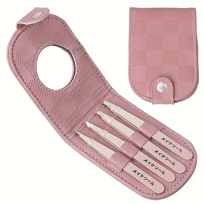 4pcs Stainless Steel Tweezers for Hair Removal Precision Eyebrow And Facial Hair Tweezers Kit with Mirror tweezers set