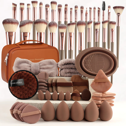 67-Piece Makeup Brush Set - 30 Cosmetic Brushes & Sponges in Brown, Full Face Foundation Eyeshadow Blending Kit with Pouch