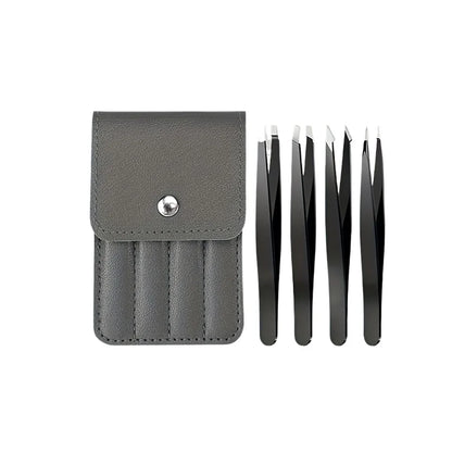 Stainless Steel Eyebrow Tweezers Set for Fake Eyelashes Four-Piece Brown Case Storage Portable Tweezers for Eyebrow Makeup Tools