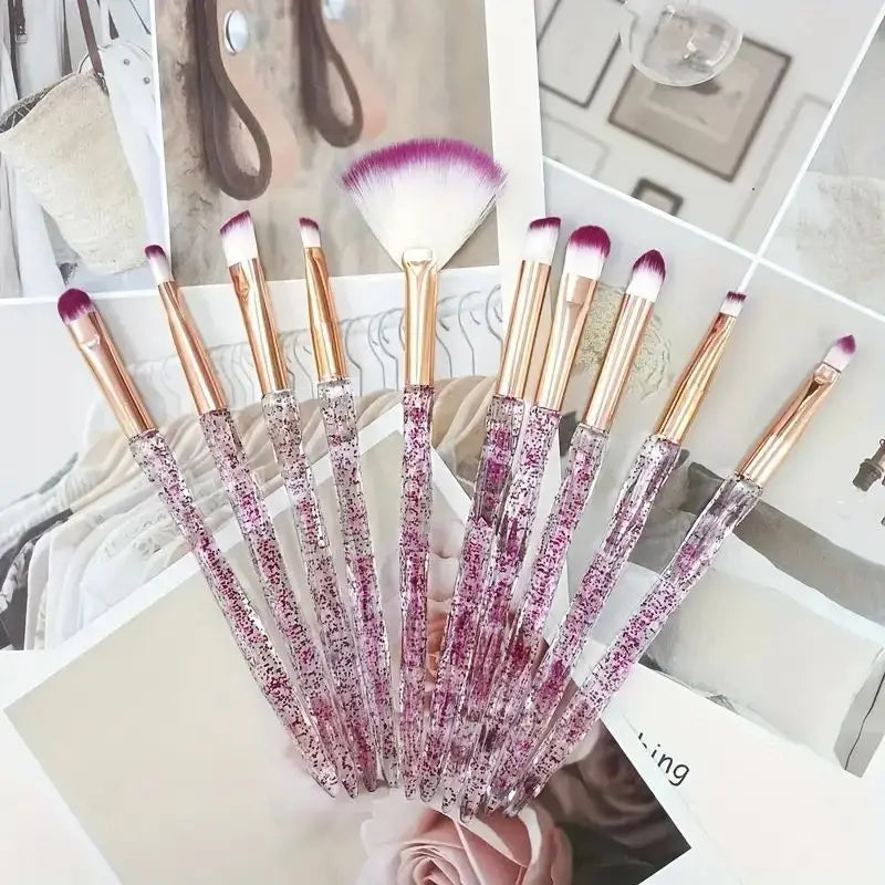 10 pcs Elegant Glitter Handle Makeup Brushes Set - Professional Face Blending, Blush, Eyeshadow, Eyeliner, Lip Cosmetic Brushes