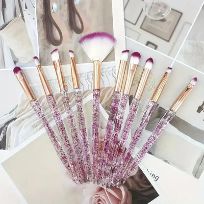 10 pcs Elegant Glitter Handle Makeup Brushes Set - Professional Face Blending, Blush, Eyeshadow, Eyeliner, Lip Cosmetic Brushes