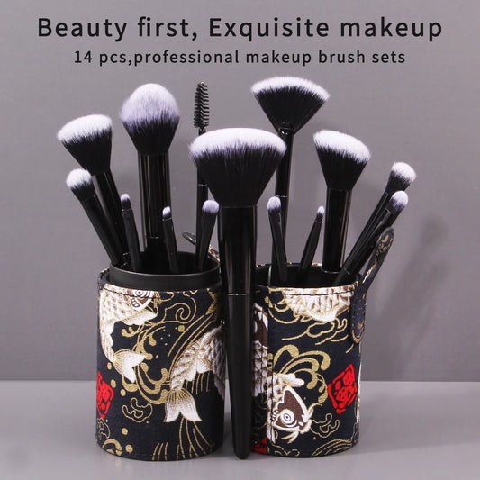 New high quality synthetic fiber 14 black makeup brush Professional makeup foundation brush storage barrel makeup set brush