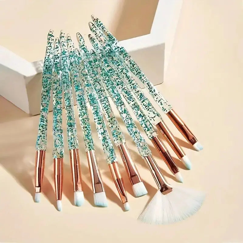 10 pcs Elegant Glitter Handle Makeup Brushes Set - Professional Face Blending, Blush, Eyeshadow, Eyeliner, Lip Cosmetic Brushes