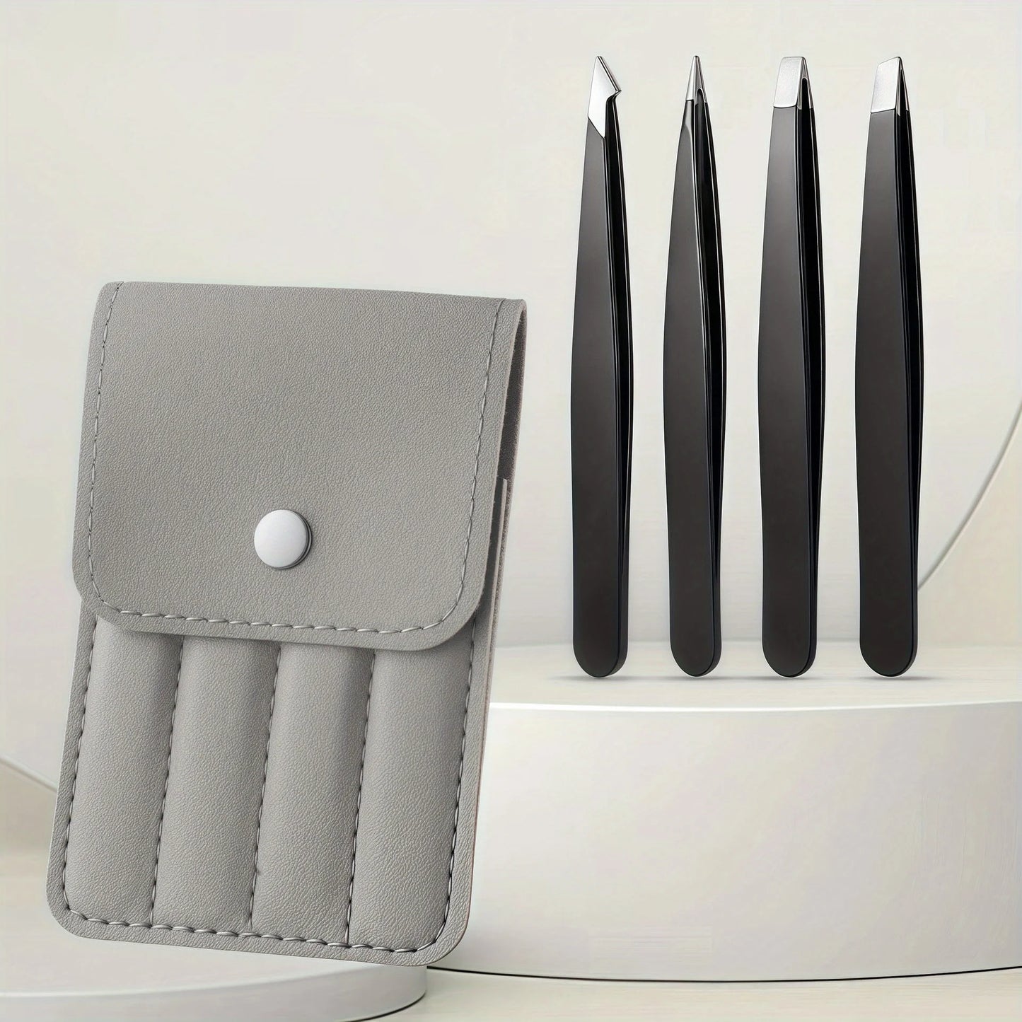 Stainless Steel Eyebrow Tweezers Set for Fake Eyelashes Four-Piece Brown Case Storage Portable Tweezers for Eyebrow Makeup Tools