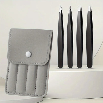Stainless Steel Eyebrow Tweezers Set for Fake Eyelashes Four-Piece Brown Case Storage Portable Tweezers for Eyebrow Makeup Tools