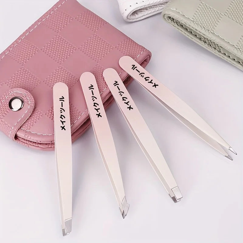4pcs Stainless Steel Tweezers for Hair Removal Precision Eyebrow And Facial Hair Tweezers Kit with Mirror tweezers set