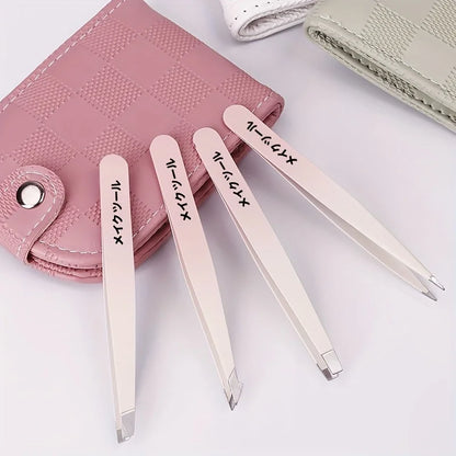 4pcs Stainless Steel Tweezers for Hair Removal Precision Eyebrow And Facial Hair Tweezers Kit with Mirror tweezers set