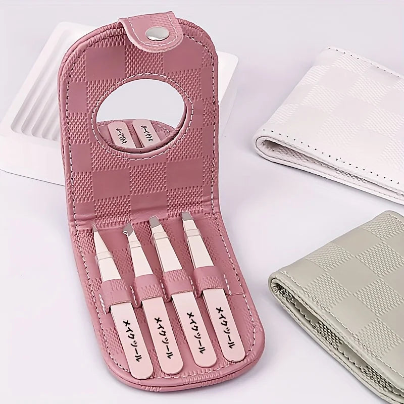 4pcs Stainless Steel Tweezers for Hair Removal Precision Eyebrow And Facial Hair Tweezers Kit with Mirror tweezers set