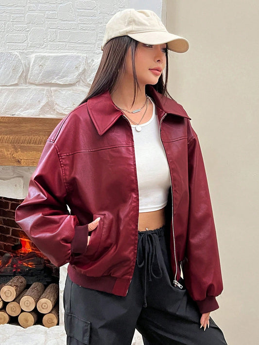 EZwear Women's Red PU Leather Jacket