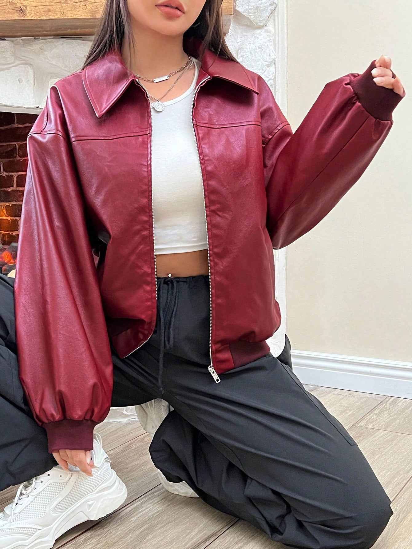 EZwear Women's Red PU Leather Jacket