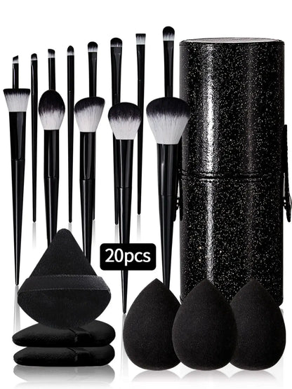 20pcs Makeup Brushe set Premium Synthetic Powder Foundation brush +Sparkling storage bucket and 6 makeup sponge powder puffs