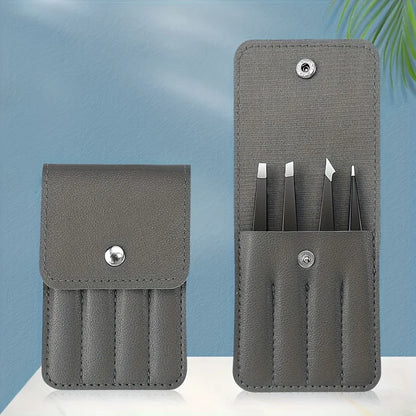 Stainless Steel Eyebrow Tweezers Set for Fake Eyelashes Four-Piece Brown Case Storage Portable Tweezers for Eyebrow Makeup Tools