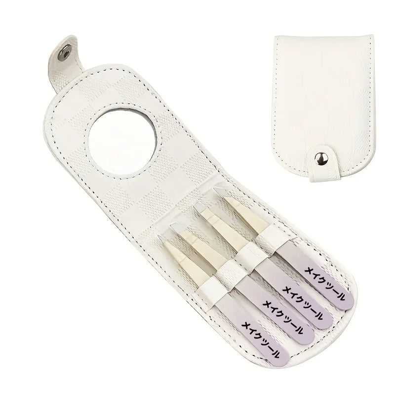 4pcs Stainless Steel Tweezers for Hair Removal Precision Eyebrow And Facial Hair Tweezers Kit with Mirror tweezers set