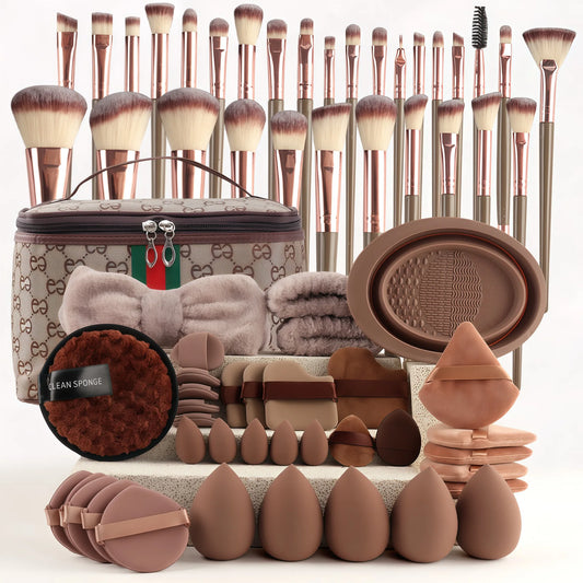 67-Piece Makeup Brush Set - 30 Cosmetic Brushes & Sponges in Brown, Full Face Foundation Eyeshadow Blending Kit with Pouch